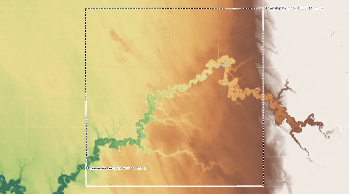 Topographic elevation map of Hampden Township, Minnesota, shaded from 780 ft on the southwest side to 830 ft on the northeast side