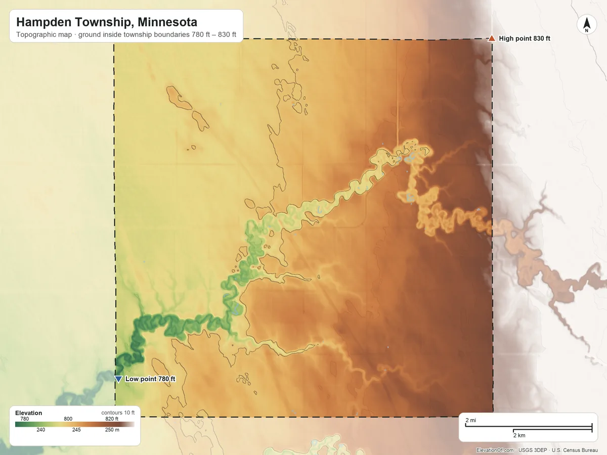 Topographic elevation map of Hampden Township, Minnesota, shaded from 780 ft on the southwest side to 830 ft on the northeast side