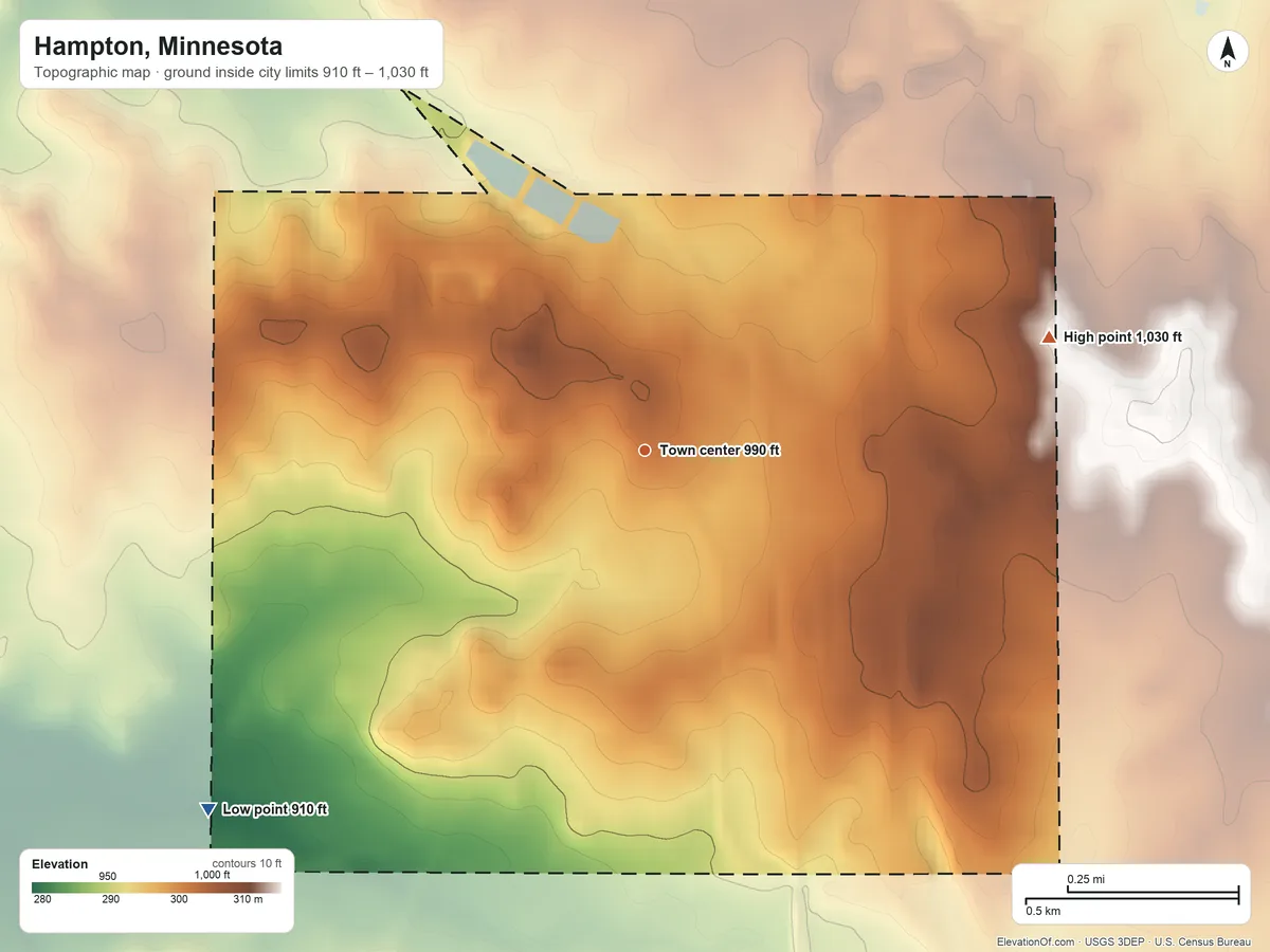 Topographic elevation map of Hampton, Minnesota, shaded from 910 ft on the southwest side to 1,030 ft on the east side