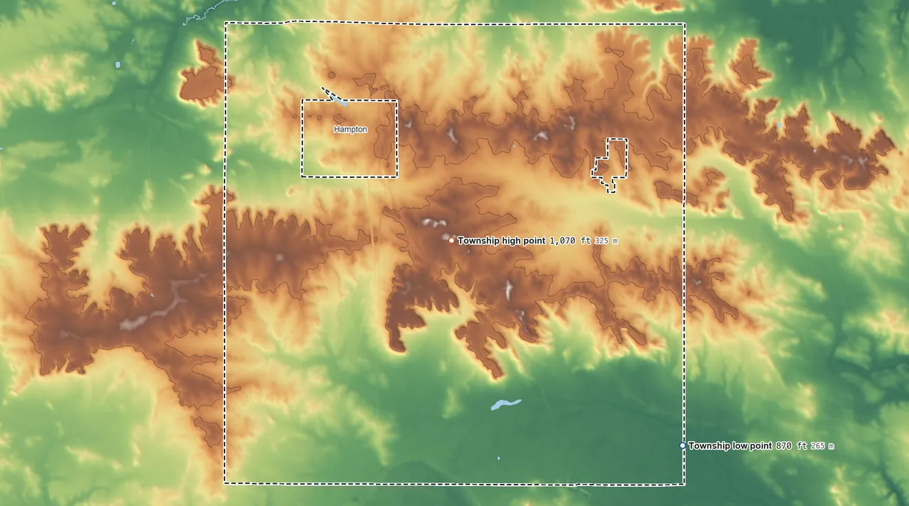 Topographic elevation map of Hampton Township, Minnesota, shaded from 870 ft on the southeast side to 1,070 ft near the middle