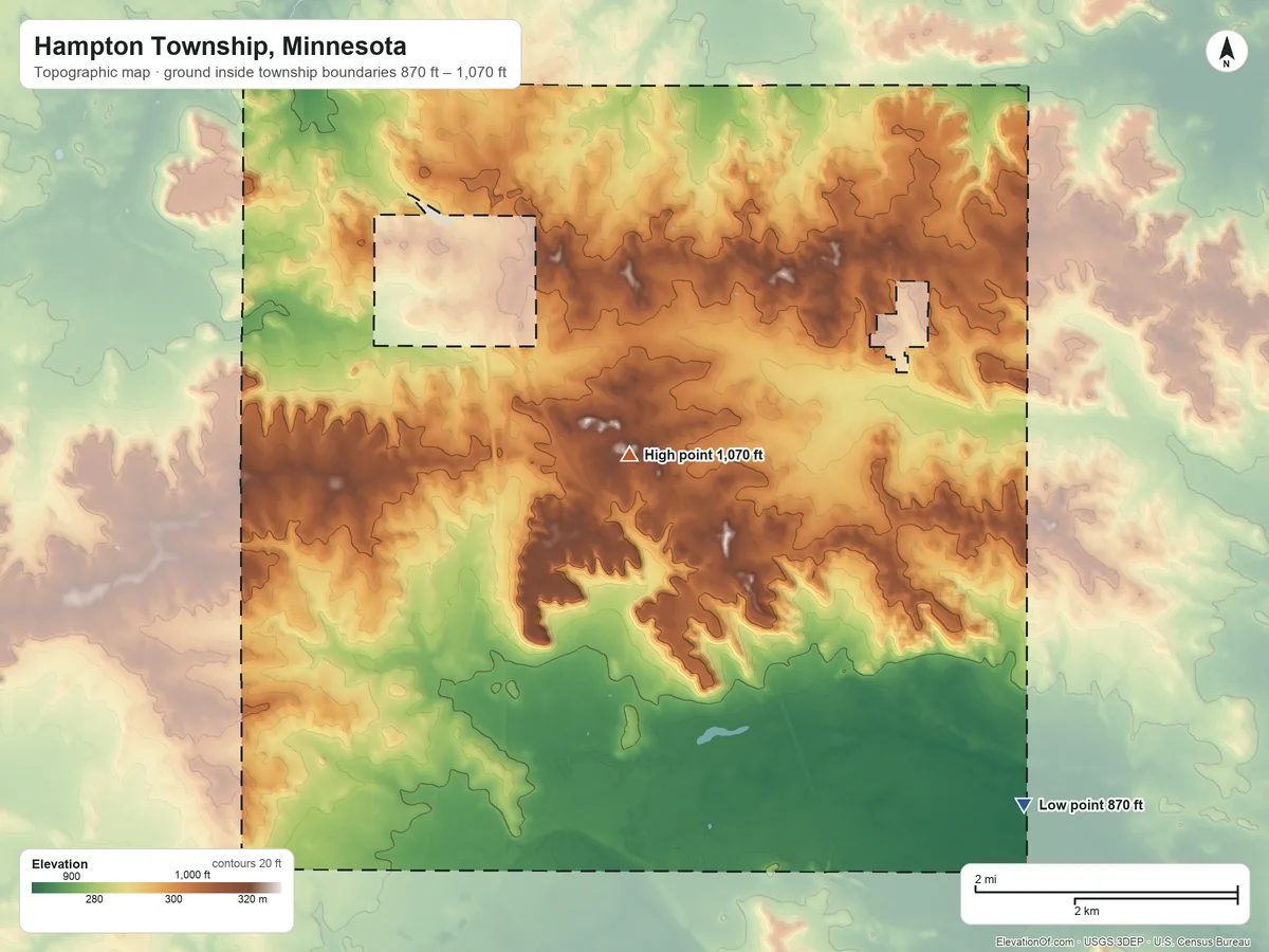 Topographic elevation map of Hampton Township, Minnesota, shaded from 870 ft on the southeast side to 1,070 ft near the middle