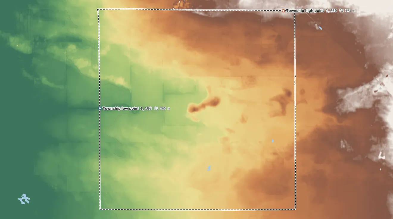 Topographic elevation map of Hamre Township, Minnesota, shaded from 1,190 ft on the southwest side to 1,230 ft on the east side