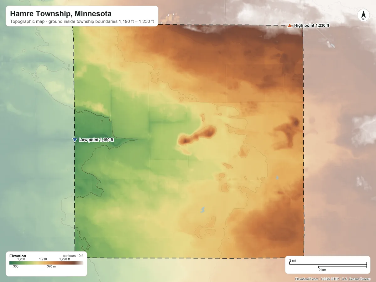 Topographic elevation map of Hamre Township, Minnesota, shaded from 1,190 ft on the southwest side to 1,230 ft on the east side