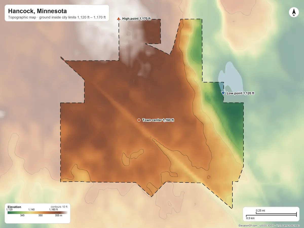Topographic elevation map of Hancock, Minnesota, shaded from 1,120 ft on the east side to 1,170 ft on the north side