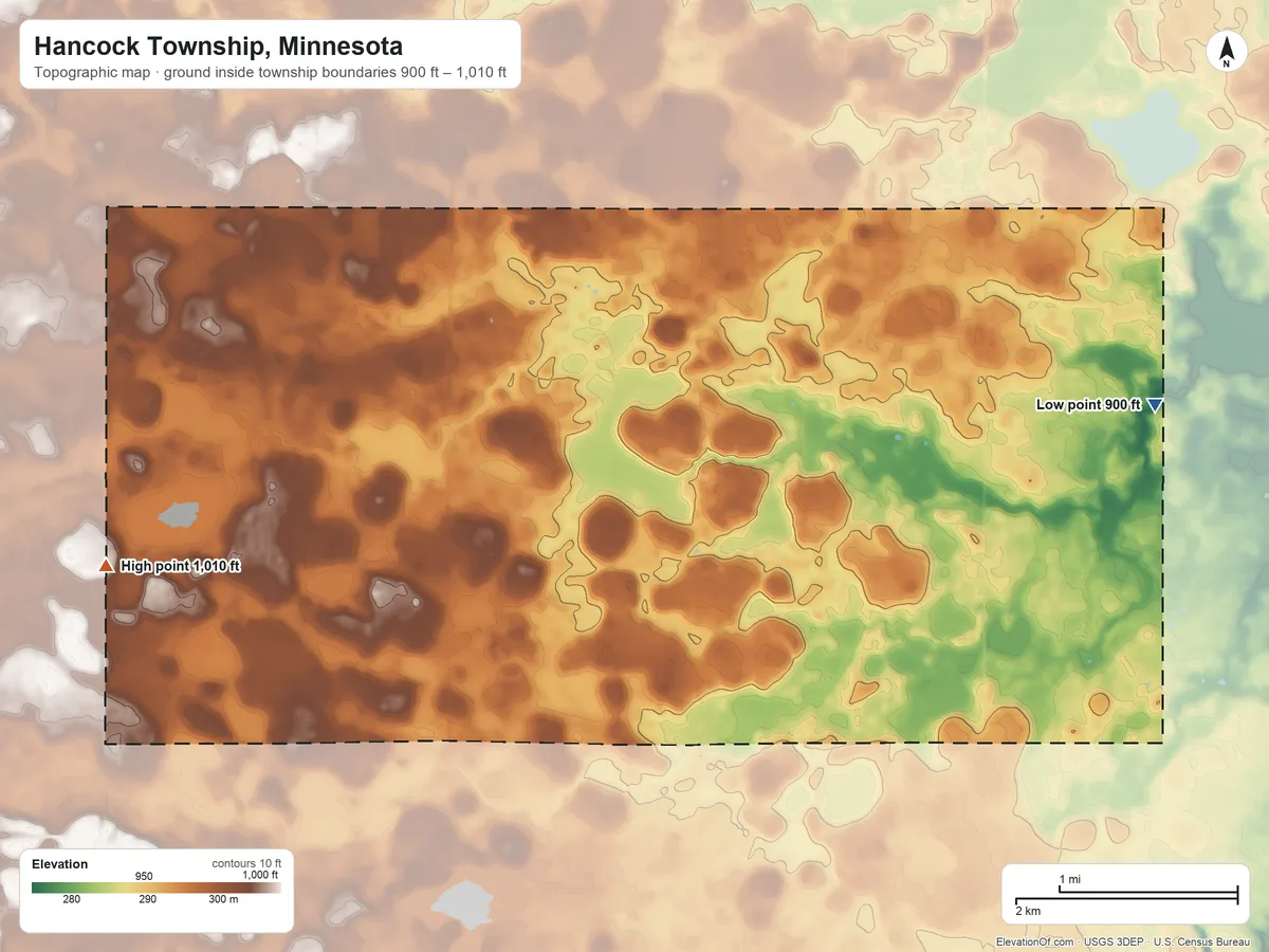 Topographic elevation map of Hancock Township, Minnesota, shaded from 900 ft on the east side to 1,010 ft on the west side