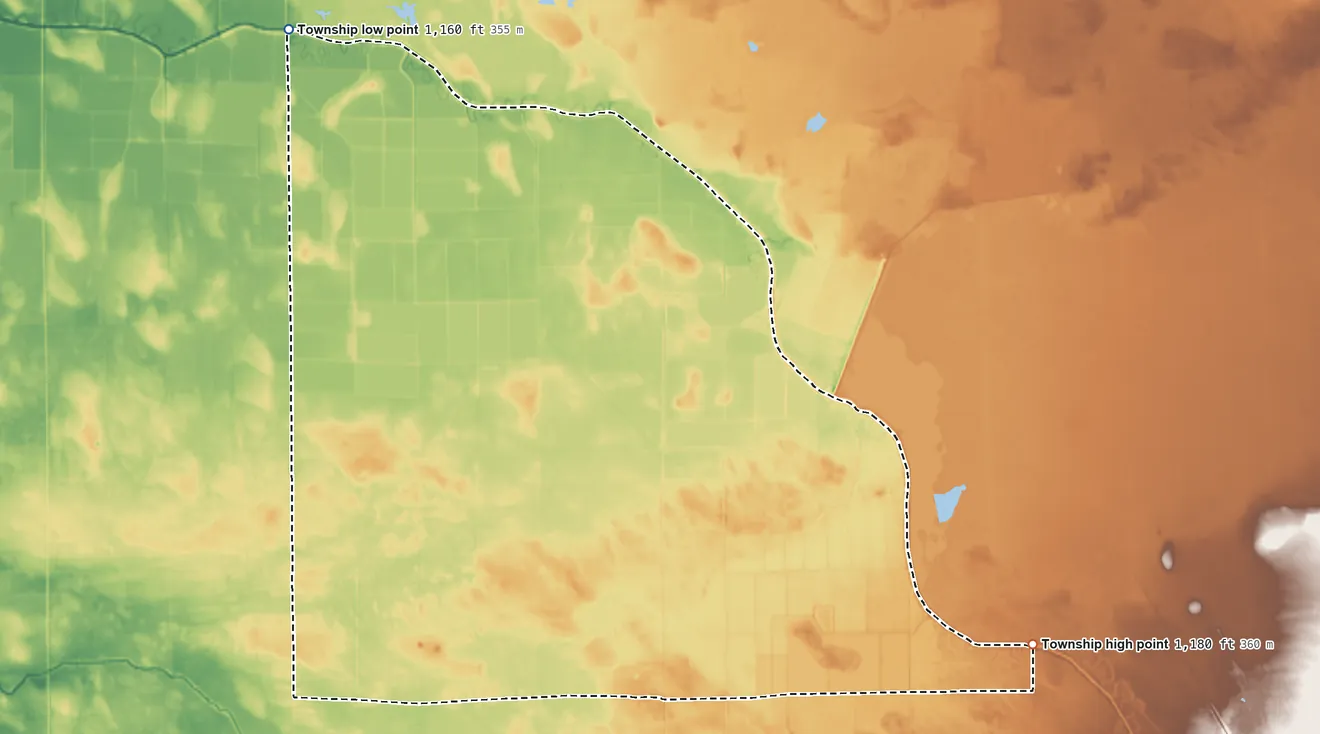 Topographic elevation map of Hangaard Township, Minnesota, shaded from 1,160 ft on the northwest side to 1,180 ft on the southeast side