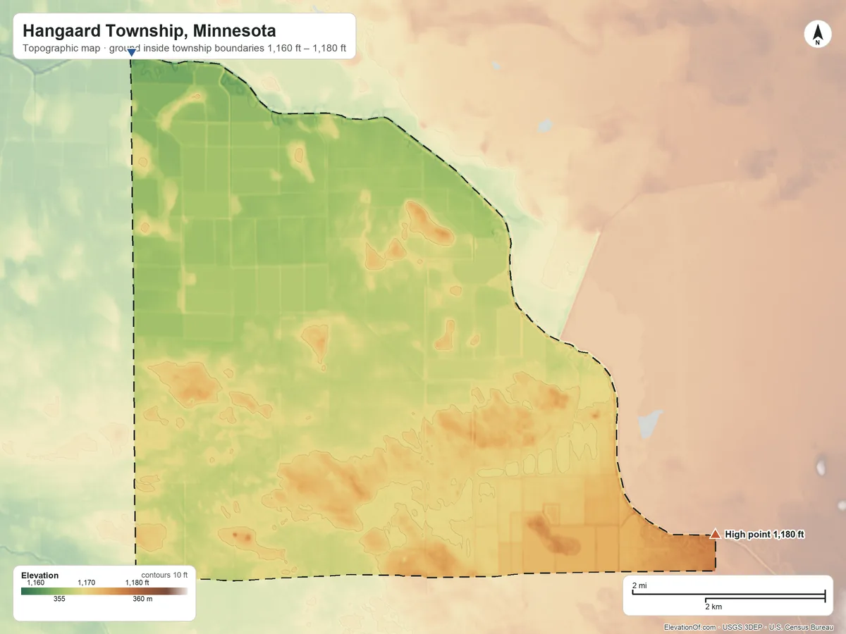 Topographic elevation map of Hangaard Township, Minnesota, shaded from 1,160 ft on the northwest side to 1,180 ft on the southeast side