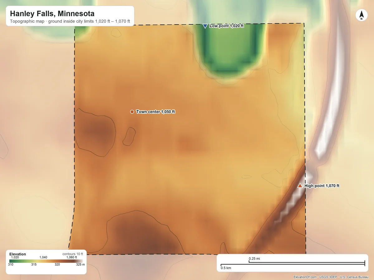 Topographic elevation map of Hanley Falls, Minnesota, shaded from 1,020 ft on the northeast side to 1,070 ft on the southeast side