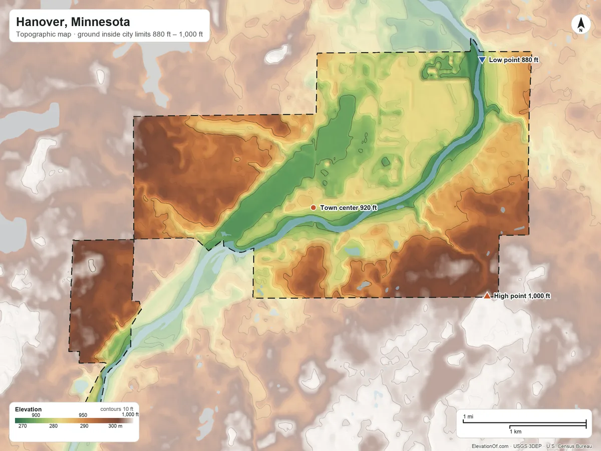 Topographic elevation map of Hanover, Minnesota, shaded from 880 ft on the northeast side to 1,000 ft on the southeast side