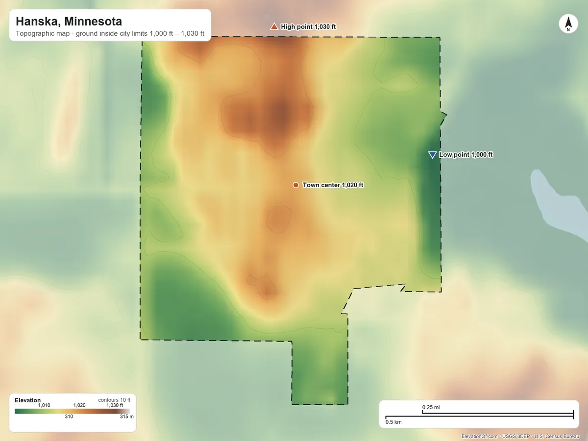 Topographic elevation map of Hanska, Minnesota, shaded from 1,000 ft on the east side to 1,030 ft on the north side