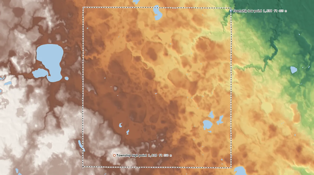 Topographic elevation map of Hansonville Township, Minnesota, shaded from 1,530 ft on the northeast side to 1,810 ft on the southwest side