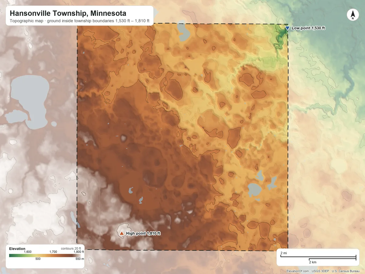 Topographic elevation map of Hansonville Township, Minnesota, shaded from 1,530 ft on the northeast side to 1,810 ft on the southwest side