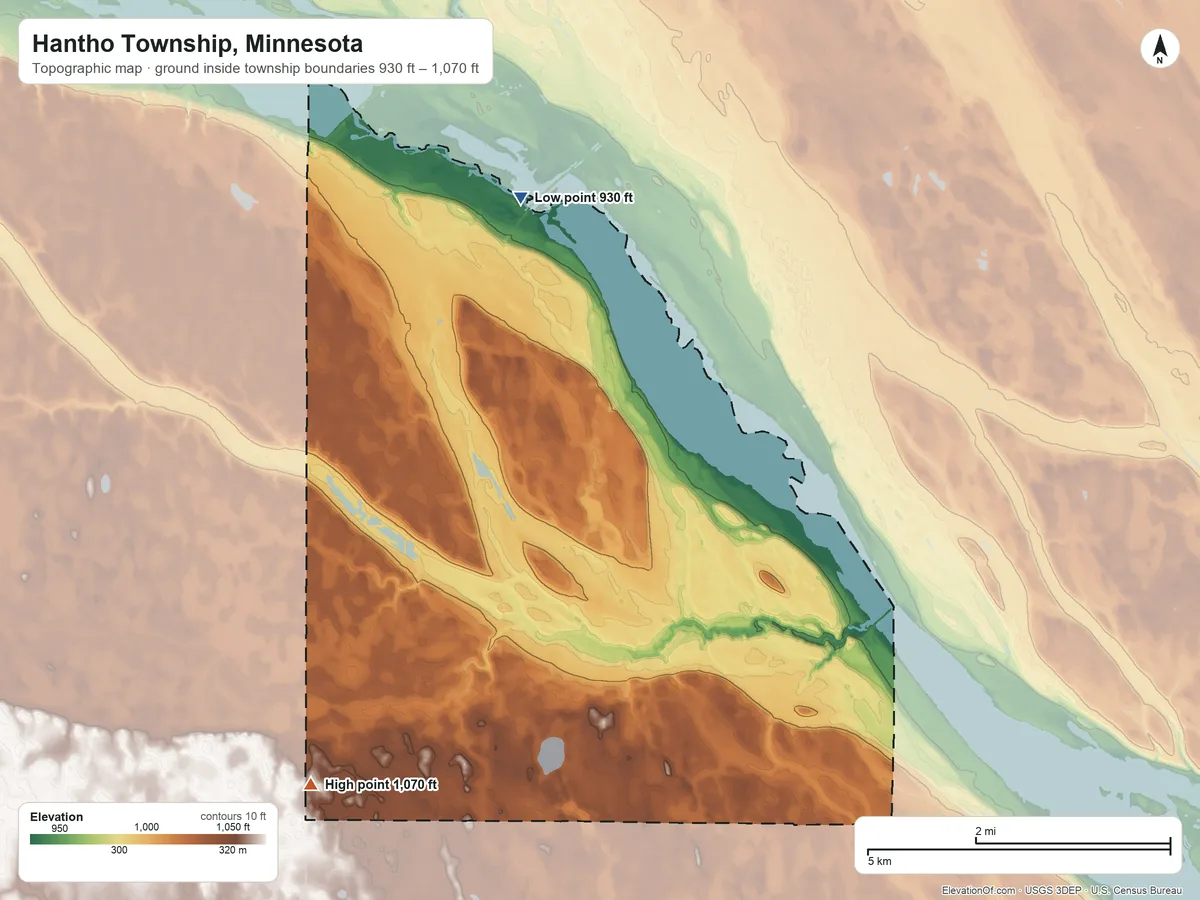Topographic elevation map of Hantho Township, Minnesota, shaded from 930 ft on the north side to 1,070 ft on the southwest side