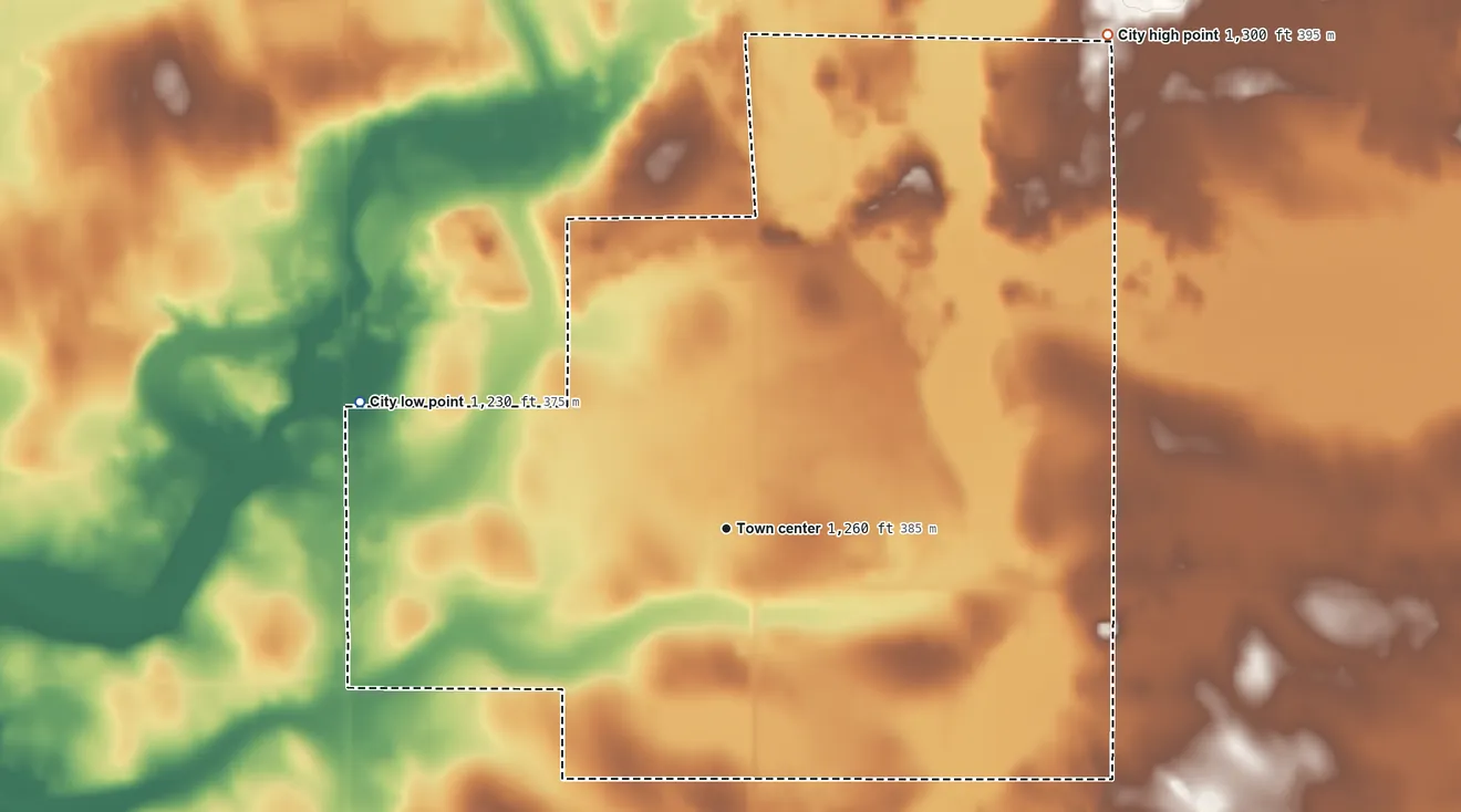Topographic elevation map of Harding, Minnesota, shaded from 1,230 ft on the west side to 1,300 ft on the northeast side