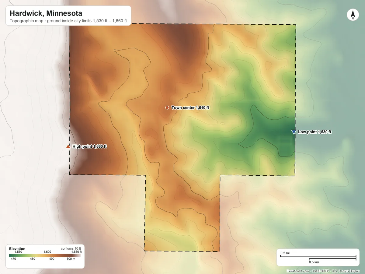 Topographic elevation map of Hardwick, Minnesota, shaded from 1,530 ft on the east side to 1,660 ft on the west side