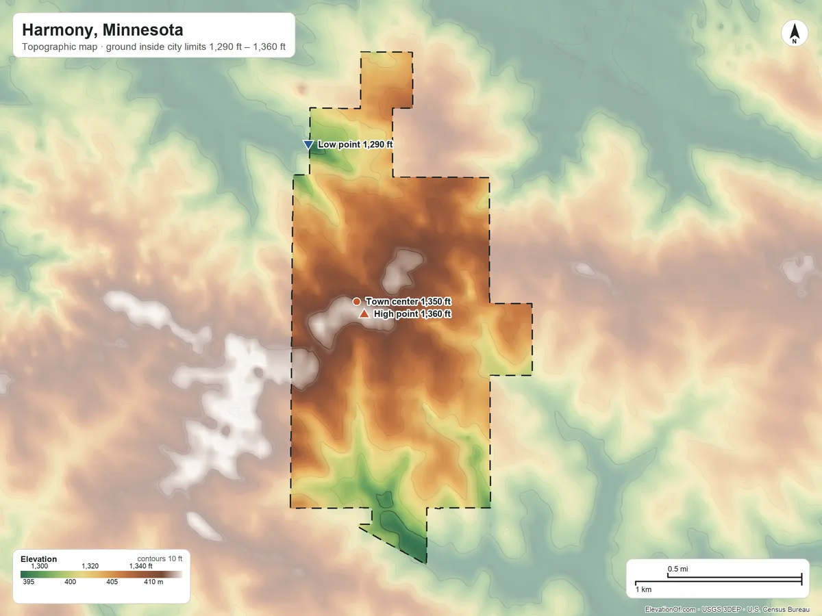Topographic elevation map of Harmony, Minnesota, shaded from 1,290 ft on the north side to 1,360 ft near the middle
