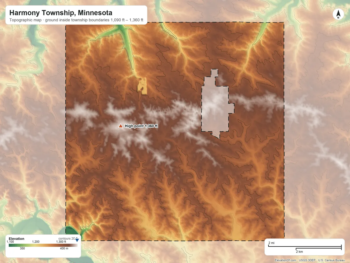 Topographic elevation map of Harmony Township, Minnesota, shaded from 1,090 ft on the southwest side to 1,360 ft on the west side