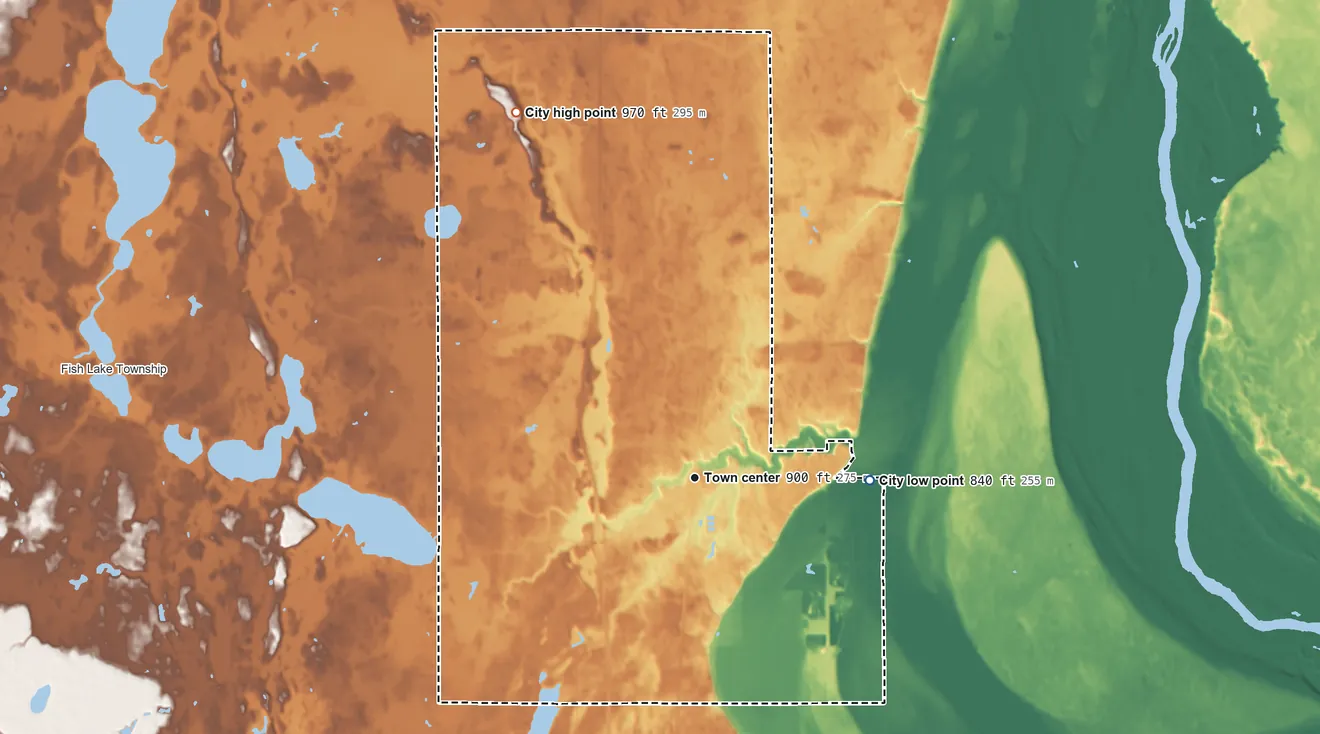 Topographic elevation map of Harris, Minnesota, shaded from 840 ft on the east side to 970 ft on the northwest side
