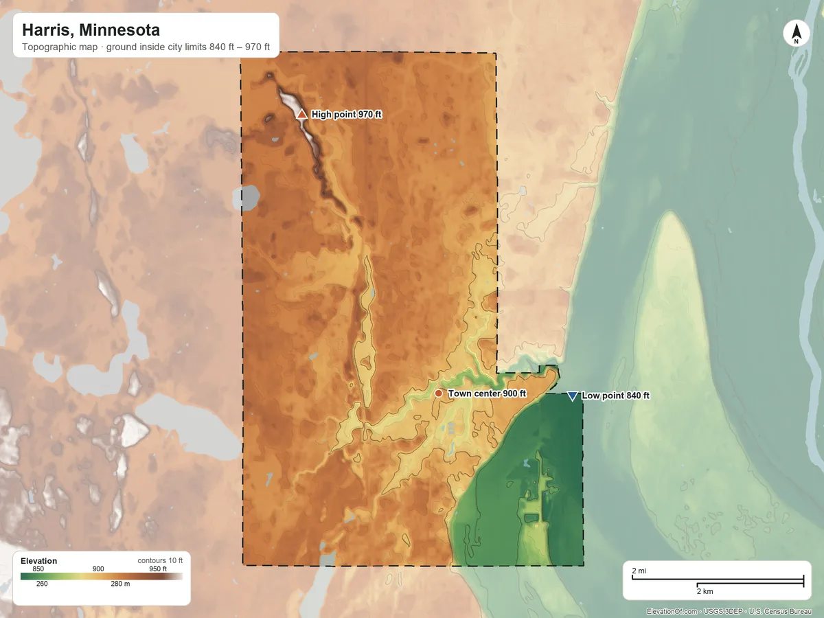 Topographic elevation map of Harris, Minnesota, shaded from 840 ft on the east side to 970 ft on the northwest side