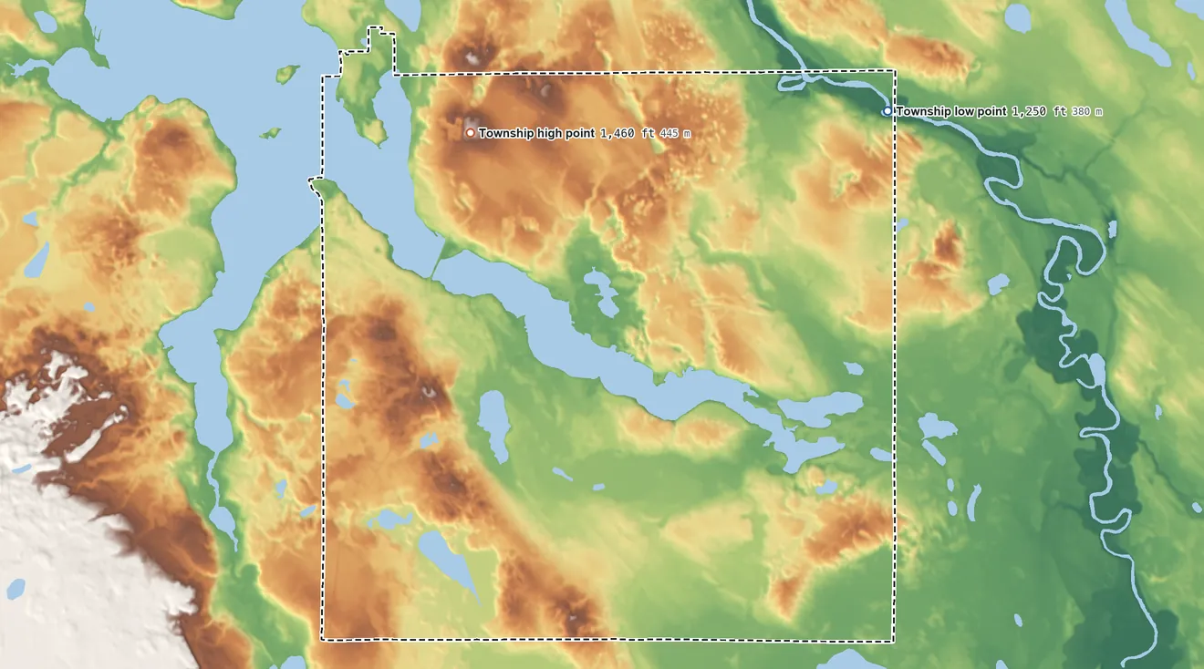 Topographic elevation map of Harris Township, Minnesota, shaded from 1,250 ft on the east side to 1,460 ft on the north side