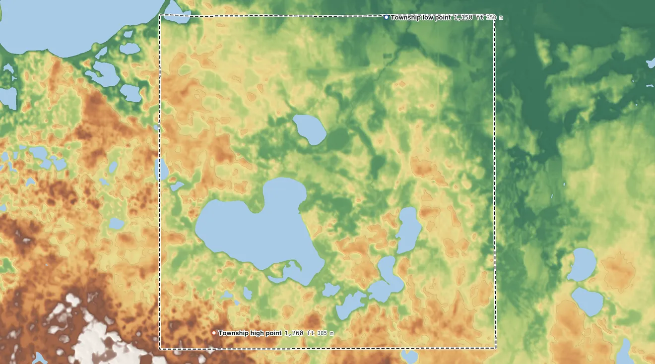 Topographic elevation map of Harrison Township, Minnesota, shaded from 1,150 ft on the northeast side to 1,260 ft on the southwest side