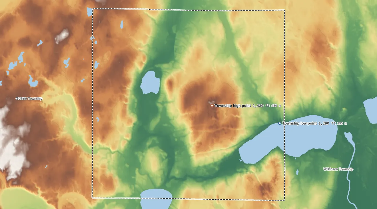 Topographic elevation map of Hart Lake Township, Minnesota, shaded from 1,290 ft on the east side to 1,480 ft near the middle