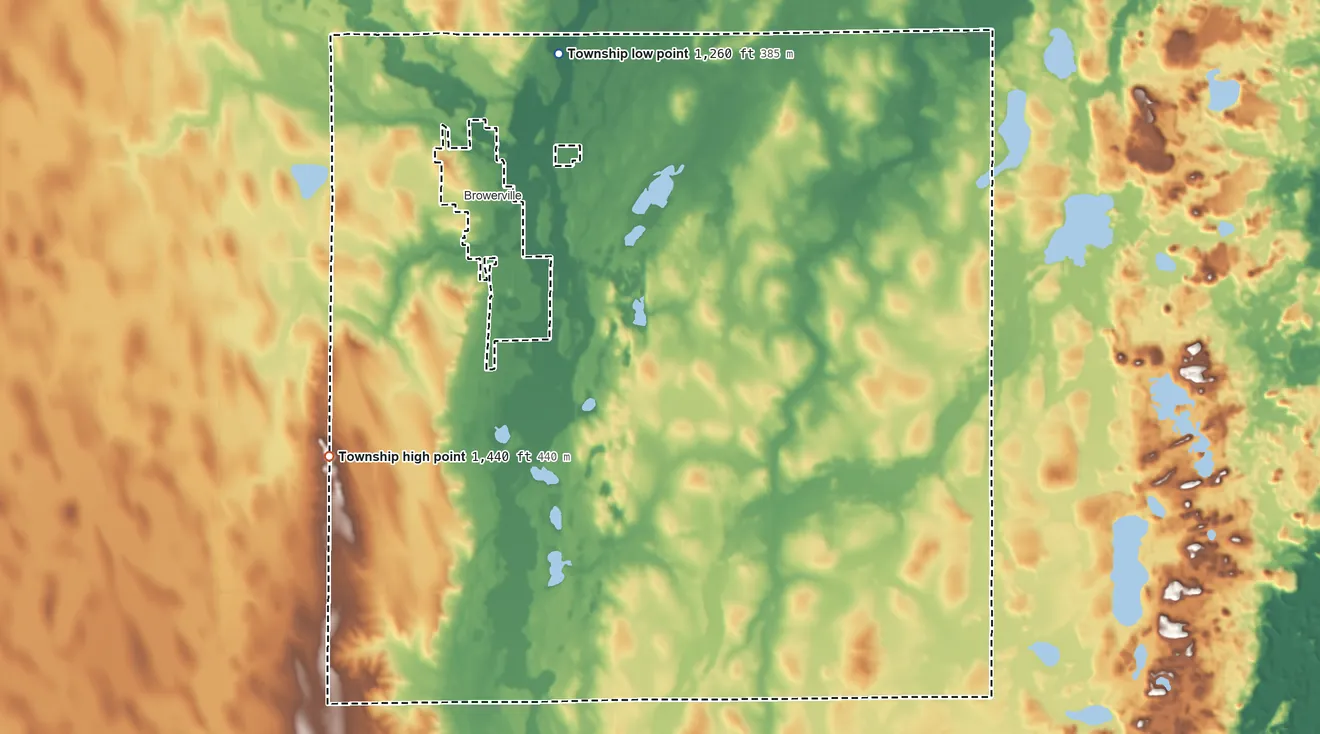 Topographic elevation map of Hartford Township, Minnesota, shaded from 1,260 ft on the north side to 1,440 ft on the west side