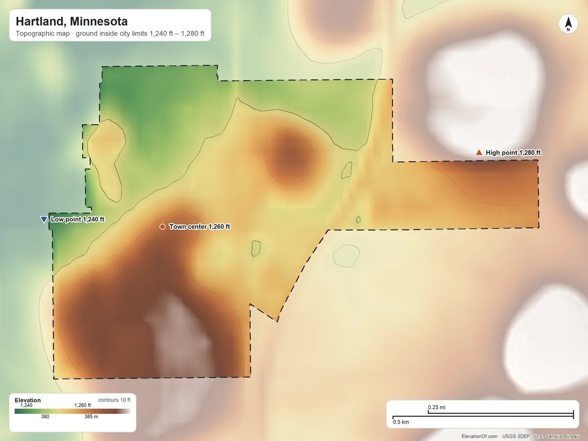 Topographic elevation map of Hartland, Minnesota, shaded from 1,240 ft on the west side to 1,280 ft on the east side