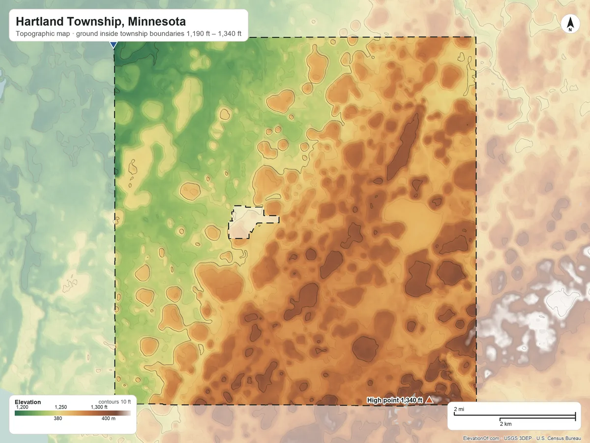 Topographic elevation map of Hartland Township, Minnesota, shaded from 1,190 ft on the northwest side to 1,340 ft on the southeast side