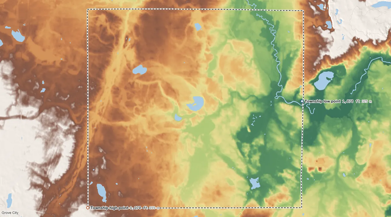 Topographic elevation map of Harvey Township, Minnesota, shaded from 1,070 ft on the east side to 1,170 ft on the southwest side
