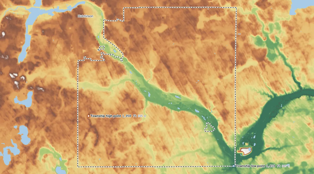 Topographic elevation map of Hassan Valley Township, Minnesota, shaded from 1,010 ft on the southeast side to 1,090 ft on the southwest side