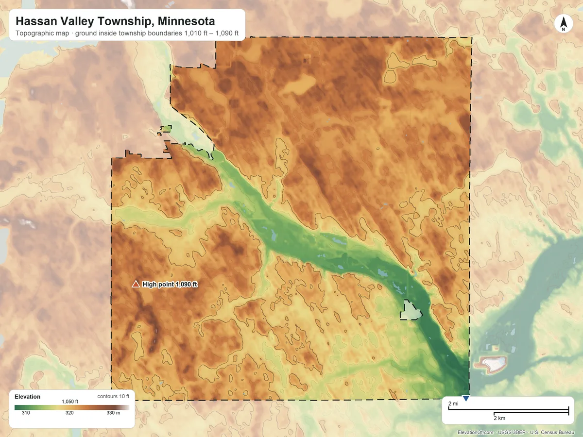 Topographic elevation map of Hassan Valley Township, Minnesota, shaded from 1,010 ft on the southeast side to 1,090 ft on the southwest side