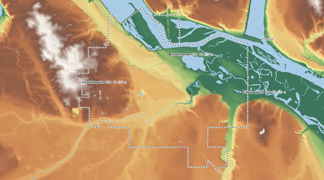 Topographic elevation map of Hastings, Minnesota, shaded from 680 ft on the southeast side to 930 ft on the west side