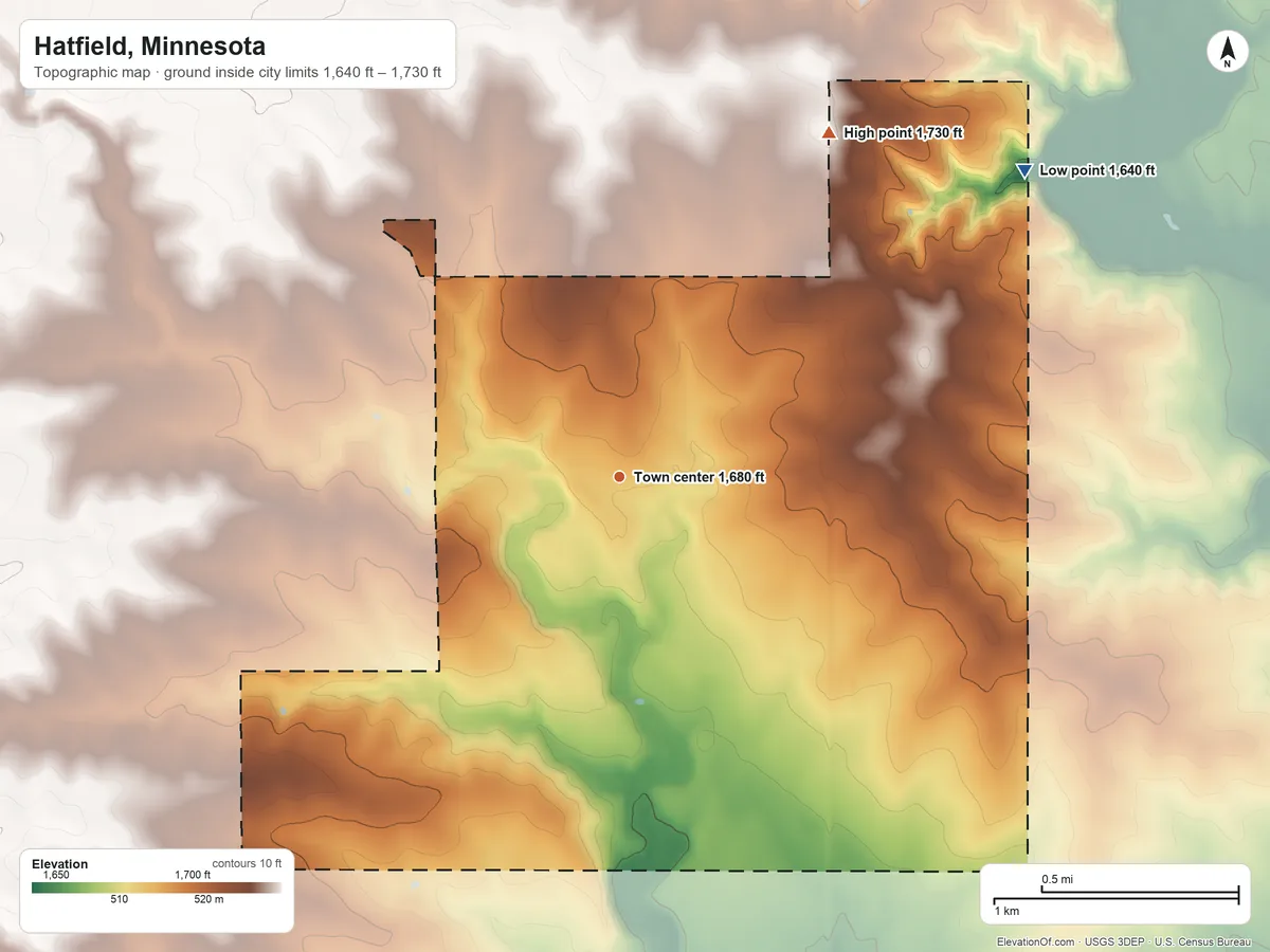 Topographic elevation map of Hatfield, Minnesota, shaded from 1,640 ft on the northeast side to 1,730 ft on the northeast side
