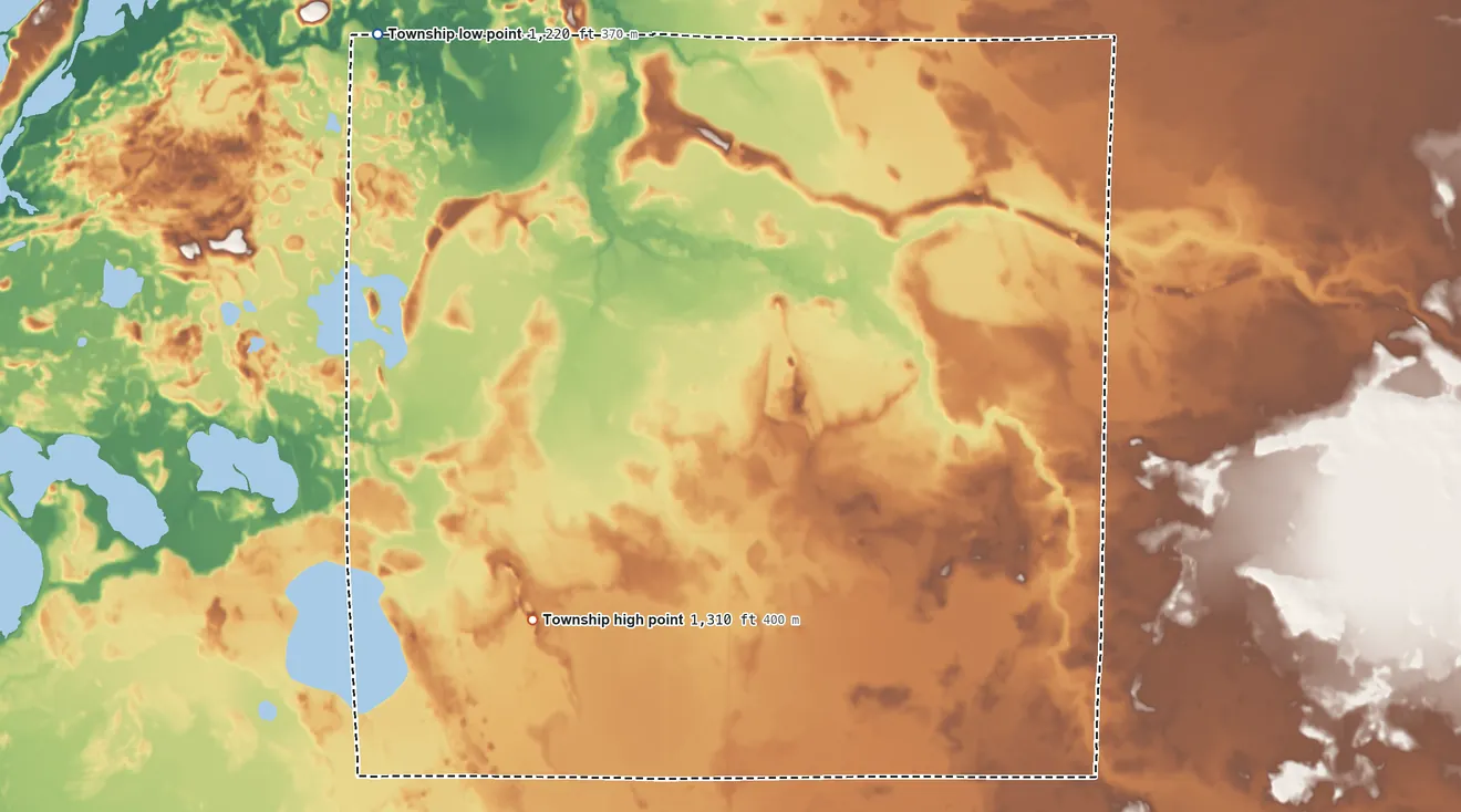 Topographic elevation map of Haugen Township, Minnesota, shaded from 1,220 ft on the north side to 1,310 ft near the middle