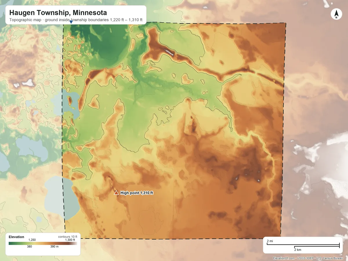 Topographic elevation map of Haugen Township, Minnesota, shaded from 1,220 ft on the north side to 1,310 ft near the middle