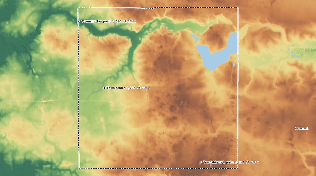 Topographic elevation map of Havana Township, Minnesota, shaded from 1,190 ft on the north side to 1,320 ft on the southeast side