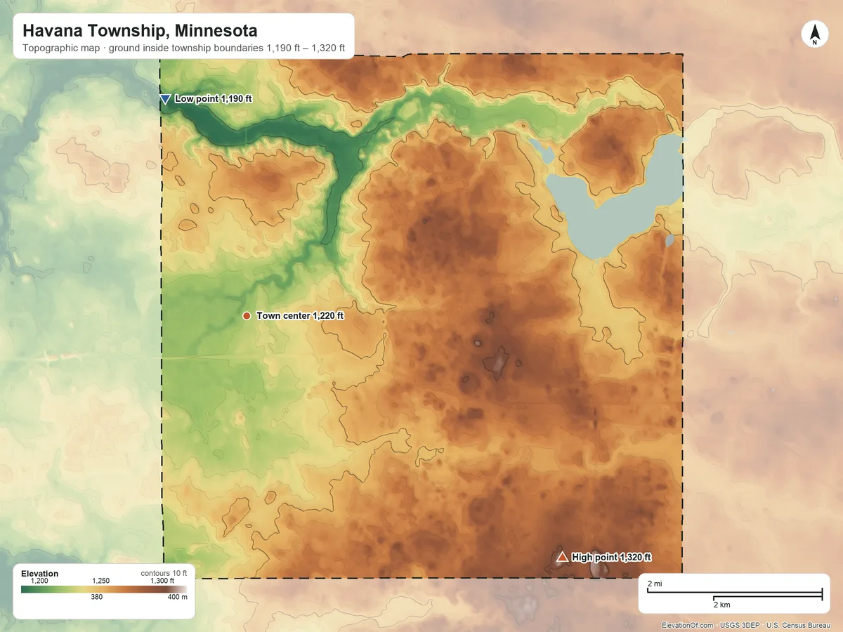 Topographic elevation map of Havana Township, Minnesota, shaded from 1,190 ft on the north side to 1,320 ft on the southeast side