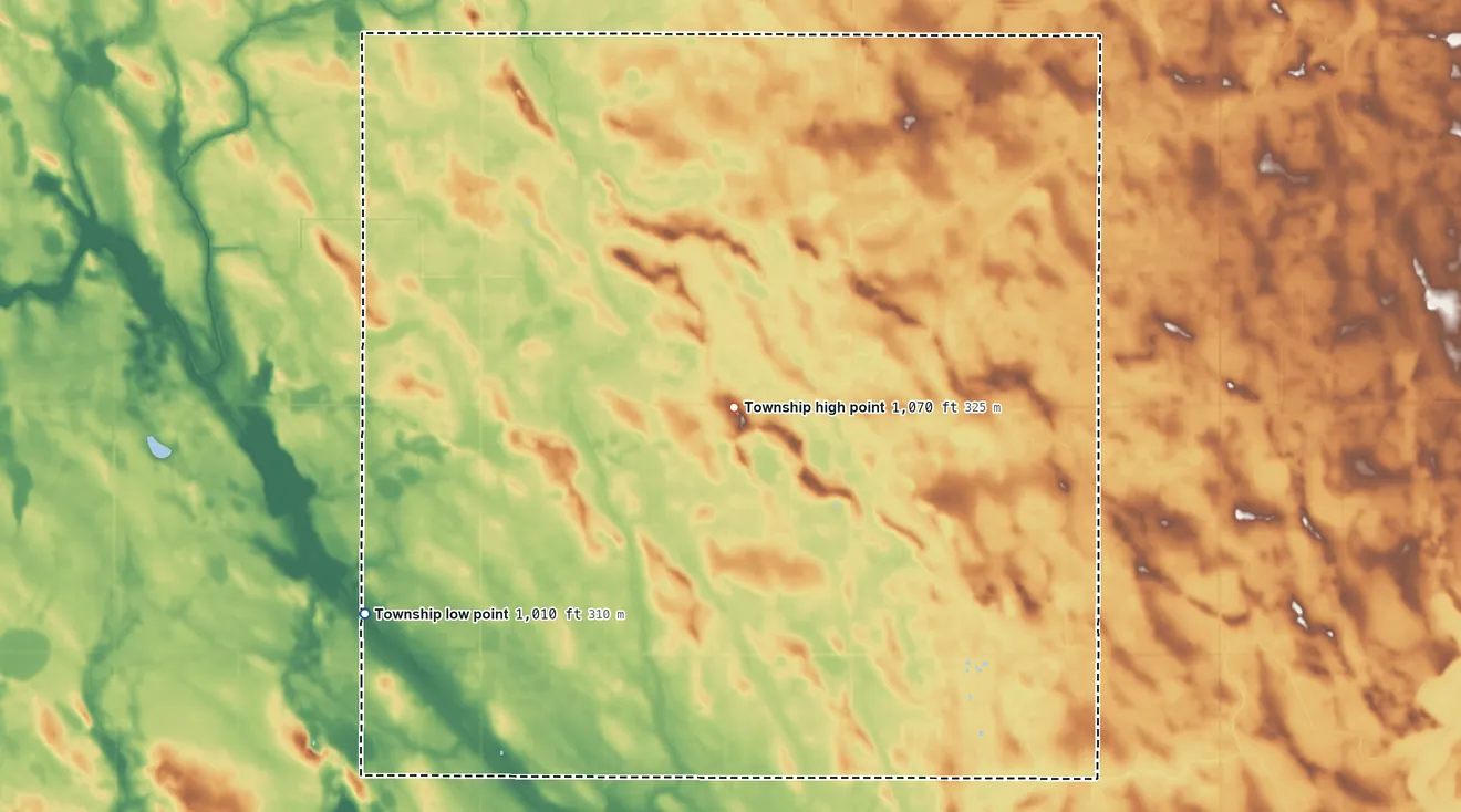 Topographic elevation map of Havelock Township, Minnesota, shaded from 1,010 ft on the west side to 1,070 ft near the middle