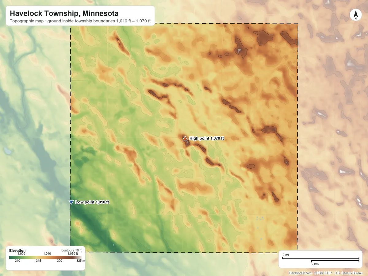 Topographic elevation map of Havelock Township, Minnesota, shaded from 1,010 ft on the west side to 1,070 ft near the middle