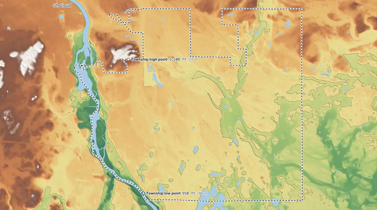 Topographic elevation map of Haven Township, Minnesota, shaded from 950 ft on the southwest side to 1,100 ft on the northwest side