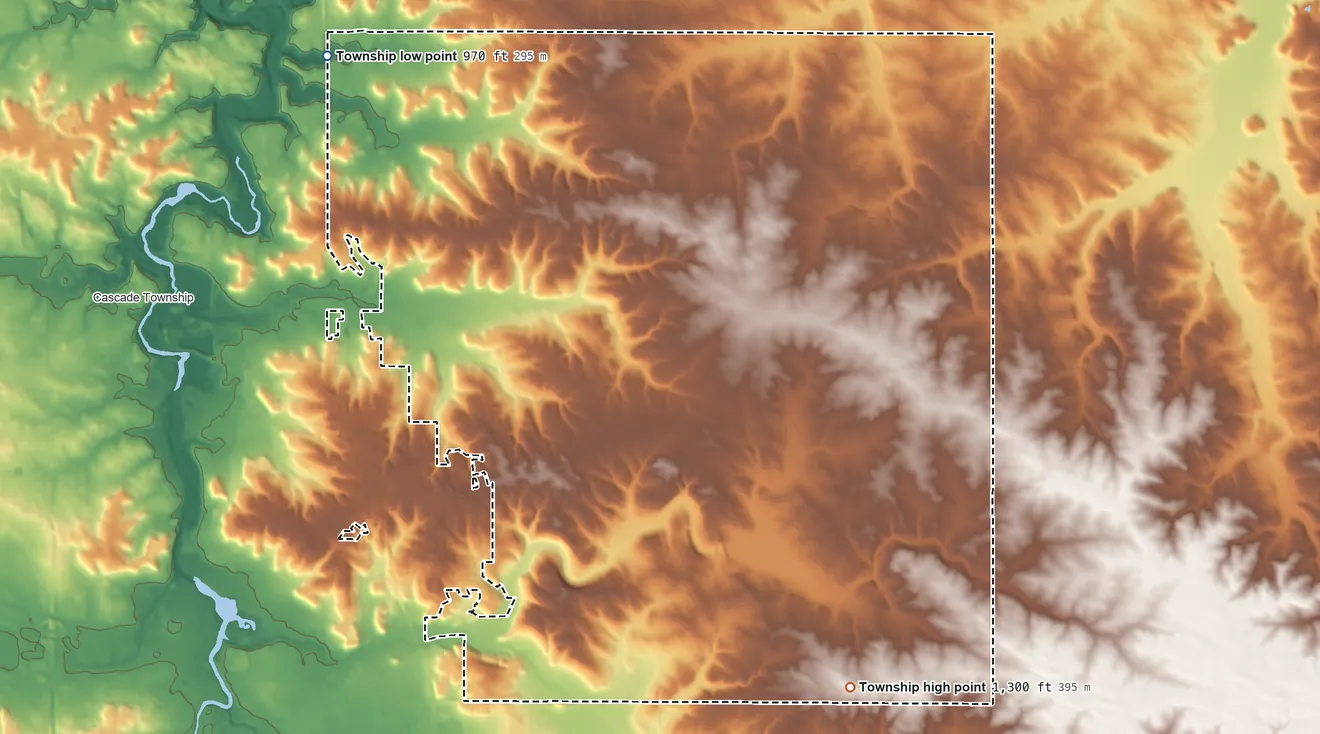Topographic elevation map of Haverhill Township, Minnesota, shaded from 970 ft on the northwest side to 1,300 ft on the southeast side