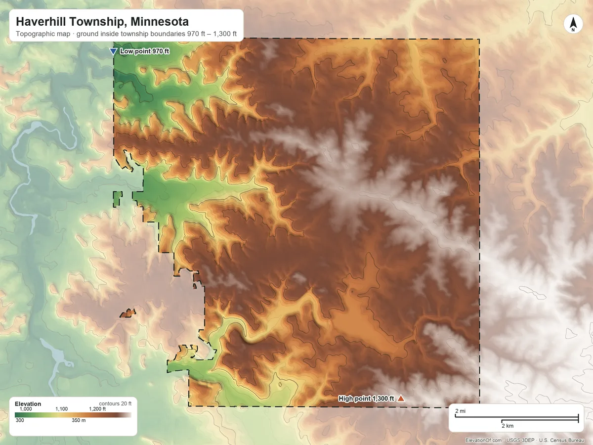 Topographic elevation map of Haverhill Township, Minnesota, shaded from 970 ft on the northwest side to 1,300 ft on the southeast side
