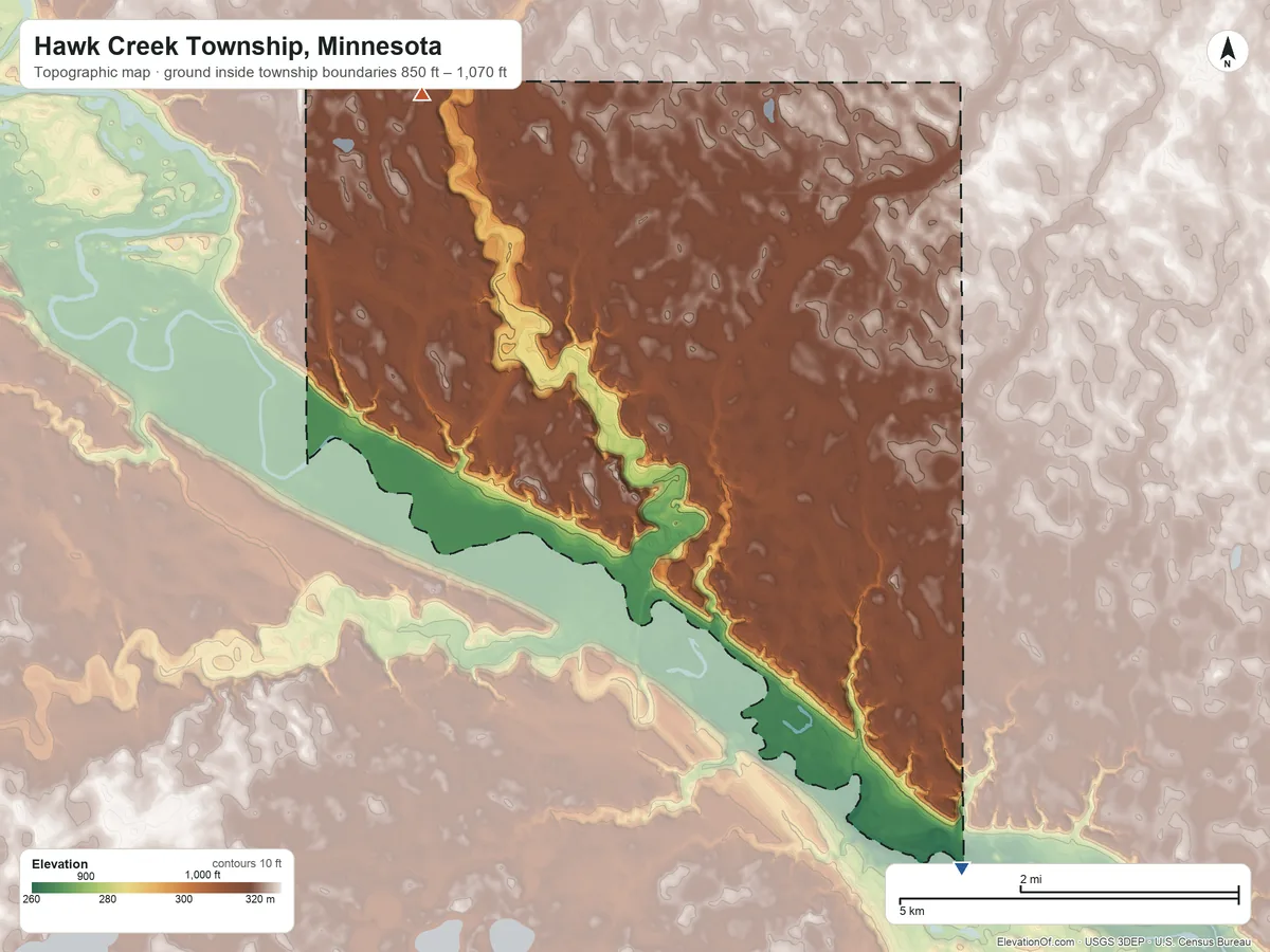 Topographic elevation map of Hawk Creek Township, Minnesota, shaded from 850 ft on the southeast side to 1,070 ft on the northwest side