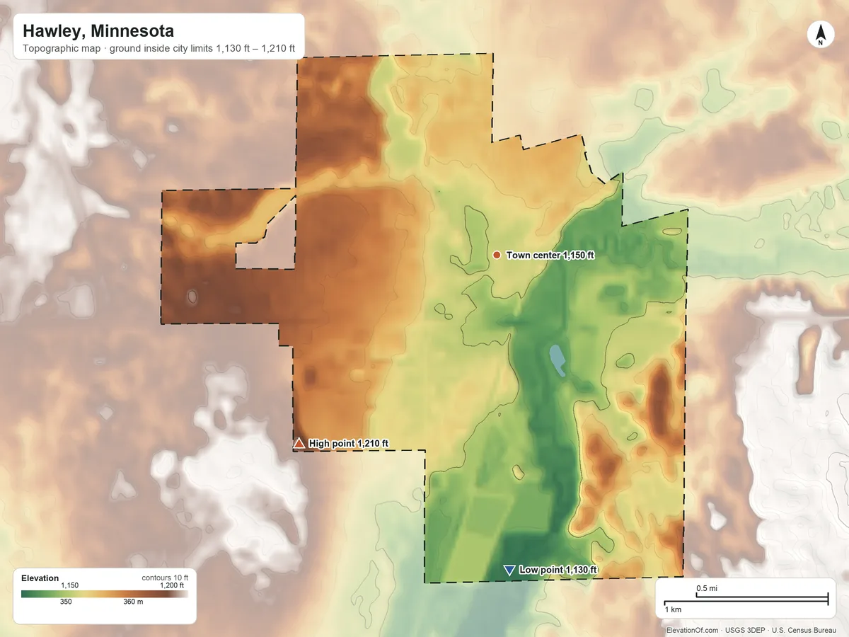 Topographic elevation map of Hawley, Minnesota, shaded from 1,130 ft on the south side to 1,210 ft on the southwest side