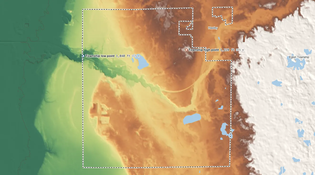 Topographic elevation map of Hawley Township, Minnesota, shaded from 1,040 ft on the west side to 1,220 ft on the northeast side
