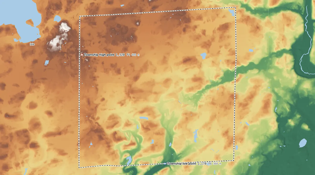 Topographic elevation map of Hay Brook Township, Minnesota, shaded from 1,170 ft on the south side to 1,320 ft on the west side