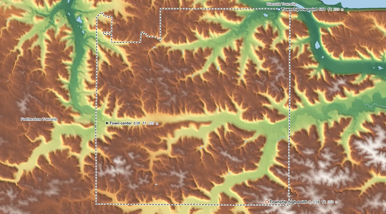 Topographic elevation map of Hay Creek Township, Minnesota, shaded from 690 ft on the northeast side to 1,150 ft on the southeast side
