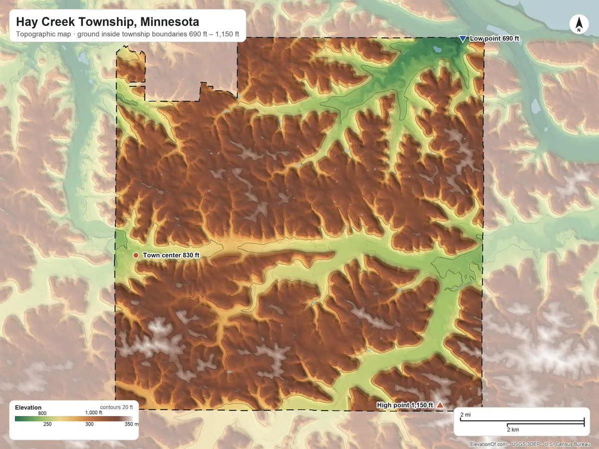 Topographic elevation map of Hay Creek Township, Minnesota, shaded from 690 ft on the northeast side to 1,150 ft on the southeast side