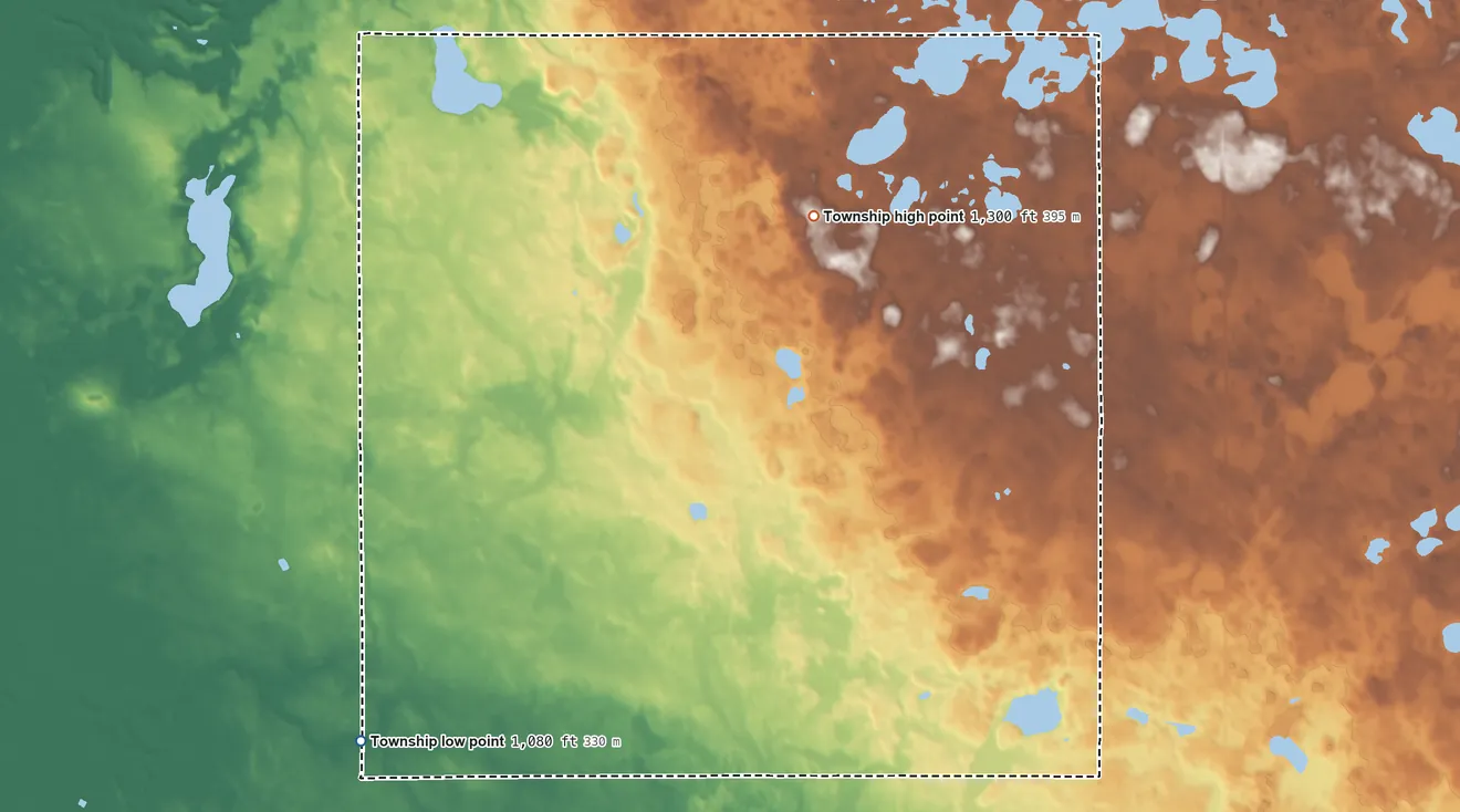 Topographic elevation map of Hayes Township, Minnesota, shaded from 1,080 ft on the southwest side to 1,300 ft on the north side